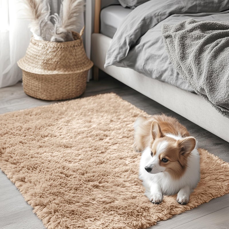 OLANLY 2x3 Machine Washable Small Bedside Rug Soft Fluffy Shaggy Entryway Throw Rugs for Bedroom Living Room Indoor Floor Carpet for Kids Girls and Boys Nursery Rooms Home Decor Aesthetic Beige - Image 2