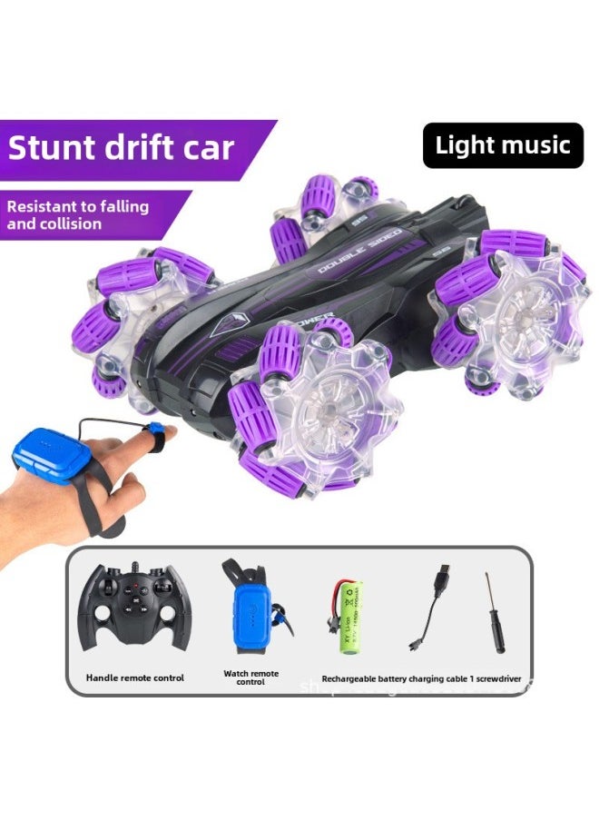 Double-sided Exercise Light Roll Gesture Stunt Remote Control Car Four-wheel Drive Off-road Drift Children's Toy Car Gifts-Color:2019-57 Purple Double-sided Rollover Side Drift (watch Sensor Handle Remote Control Wheel Light Music Automatic Demonstration)-Proportion:Sandian (with Two Backup Batteries)  - Image 1