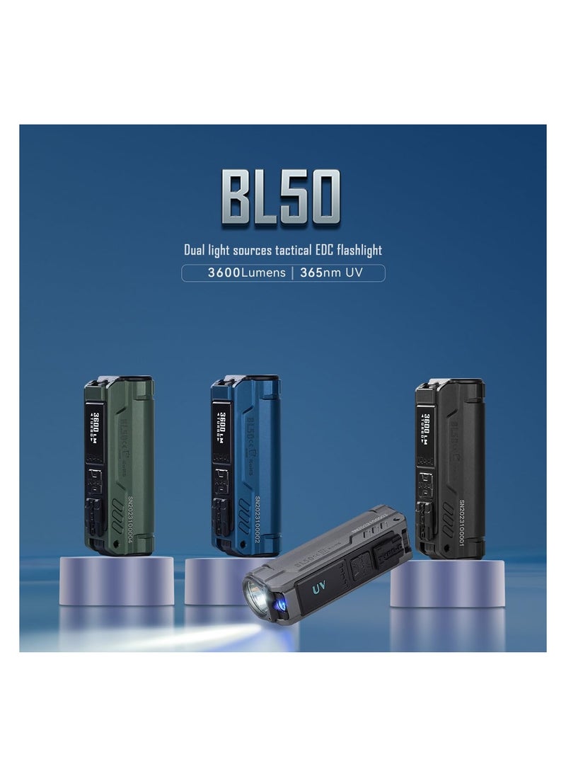 IMALENT BL50 Mini Flashlight 3600 Lumens Dual Light Source EDC Torch with White LED and UV Light, Built-in Rechargeable Battery for Outdoors, Emergency, Work, Camping (Grey)