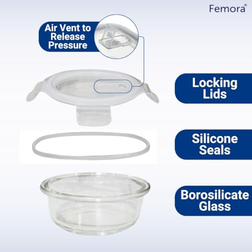 Femora Borosilicate Glass Containers for Kitchen | 1 Year Warranty | Container Boxes for Storage, Storage Box for Kitchen with Air Vent Lid, Microwave Safe, Round (Set of 3-380ml, 580ml, 940ml) - Image 3