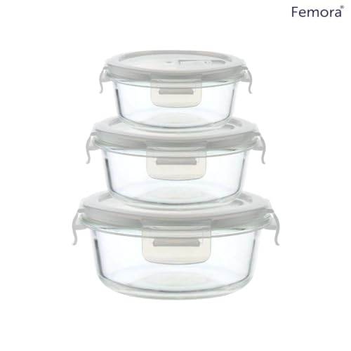 Femora Borosilicate Glass Containers for Kitchen | 1 Year Warranty | Container Boxes for Storage, Storage Box for Kitchen with Air Vent Lid, Microwave Safe, Round (Set of 3-380ml, 580ml, 940ml) - Image 2