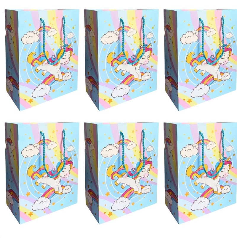 Gold Leaf GOLD LAEF Unicorn Themed Paper Bags, Unicorn Gift Goody Bags Candy Bag with Handle Reusable Birthday Bag Sweet Treat Bags Party Bags for Girls Kids Celebrations Baby Shower Halloween Christmas (Blue, 1 Count (Pack Of 6))  - Image 1