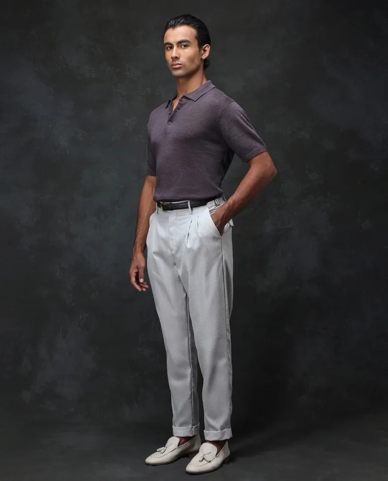 Rare Rabbit Rare Rabbit Men Rhesa Grey Linen Blend Pleated Button Closure Relaxed Fit Plain Trouser