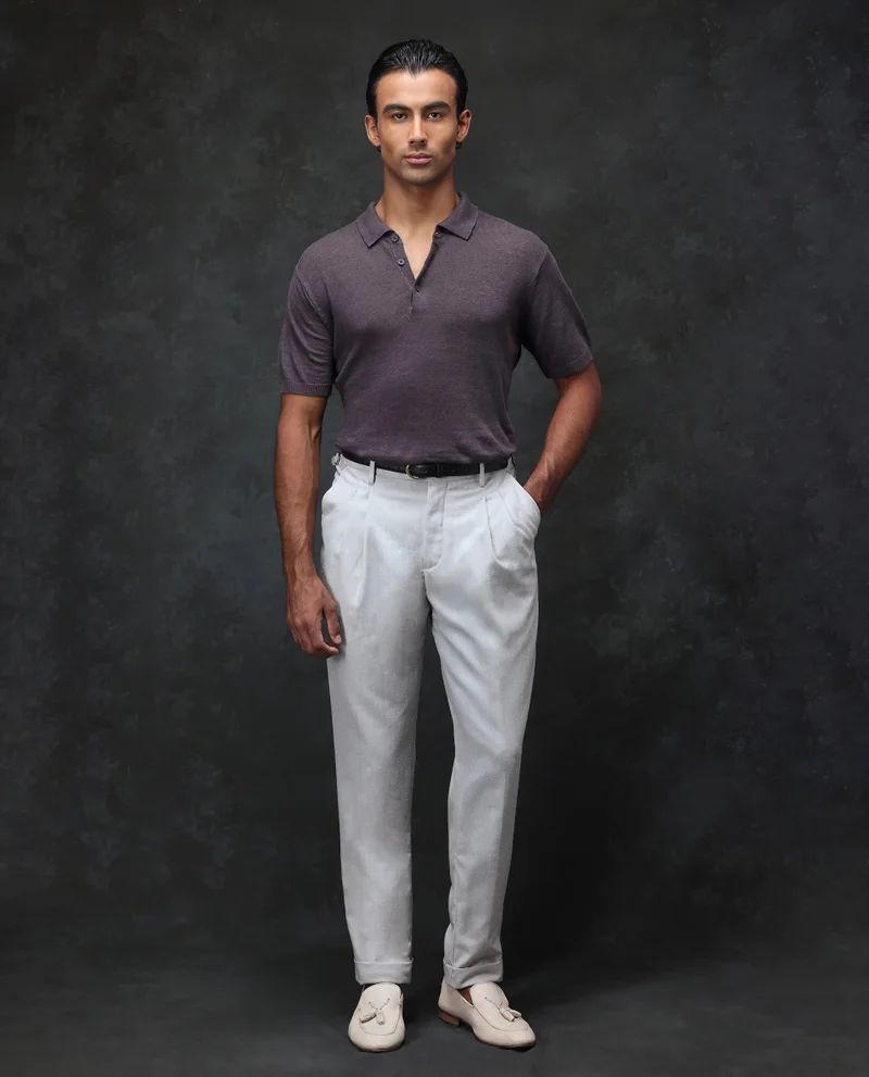 Rare Rabbit Rare Rabbit Men Rhesa Grey Linen Blend Pleated Button Closure Relaxed Fit Plain Trouser