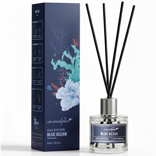 Aromahpure Premium Reed Diffuser Set - Aqua | 60 ML with 4 Fiber Reed Sticks Long Lasting Upto 35 Days | Room Freshener for Bedroom, Washroom, Office | Toxin Free, Aromatherapy, Stress Relief - Image 1