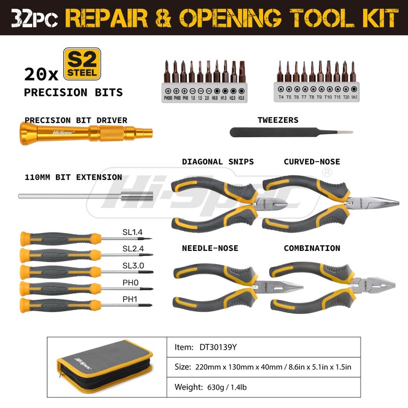 Hi-Spec 32pc Electronics Repair & Opening Tool Kit Set for Laptops, Phones, Devices, Computer & Gaming Accessories. Precision Small Screwdrivers with Pentalobe Bits for iPhones & MacBooks - Image 2