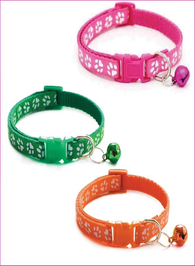 Litvibes Cat Collars Set of 3 with Bell,Kitten & Small Dog Soft Adjustable Collar Safe,Solid & Protection Breakaway for Cats & Puppies,Cute Kitty Neckband with Paw Print-(Orange,Dark Pink,Dark Green) - Image 1