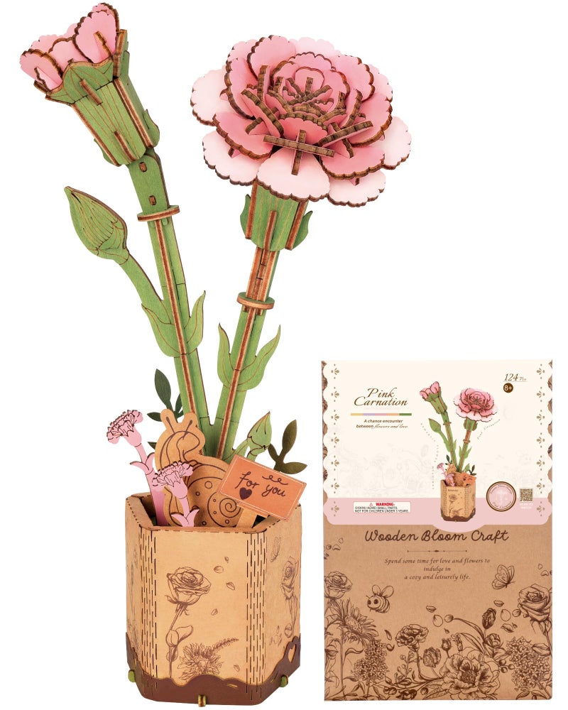 Wowood 3D Flower Wooden Puzzles for AdultsPink Carnation DIY Wooden Flowers Model Kit Building Set Crafts for Adults to Build Botanical CollectionIdeal Creative Gift IdeasHousewarming 124PCS - Image 2