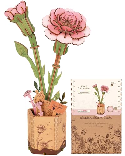 Wowood 3D Flower Wooden Puzzles for AdultsPink Carnation DIY Wooden Flowers Model Kit Building Set Crafts for Adults to Build Botanical CollectionIdeal Creative Gift IdeasHousewarming 124PCS - Image 1