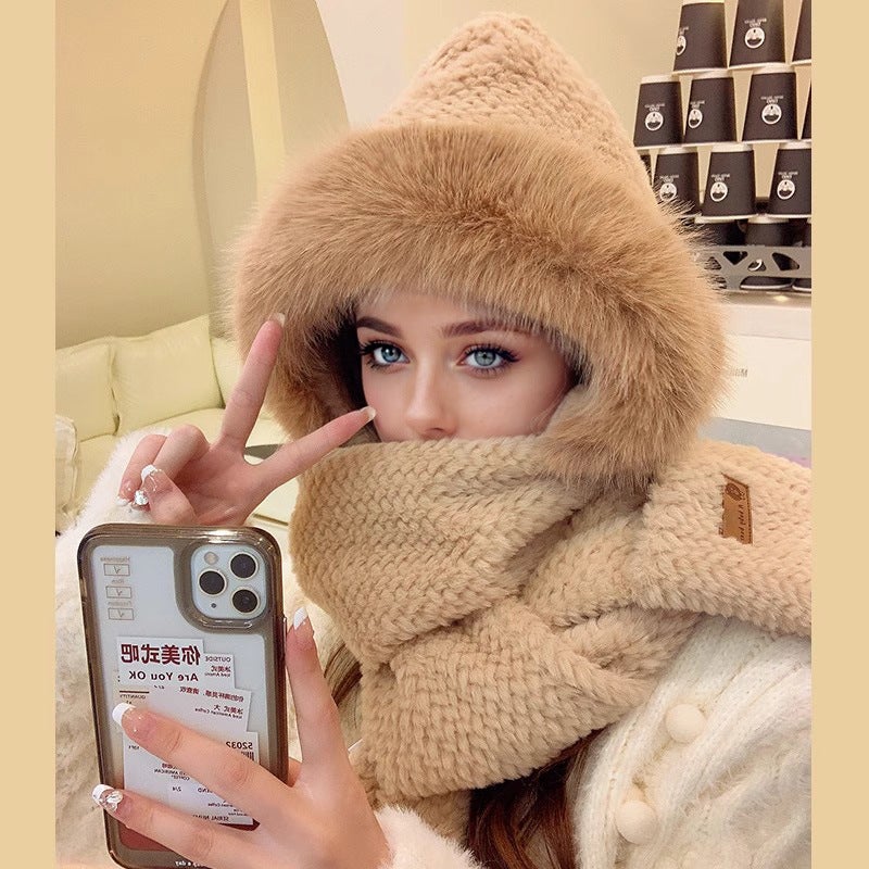 Cute Cat Ear Knit Beanie Women Autumn Winter Fashion Warm 675 camel three-piece set [earless big Mao Mao hat brim]]