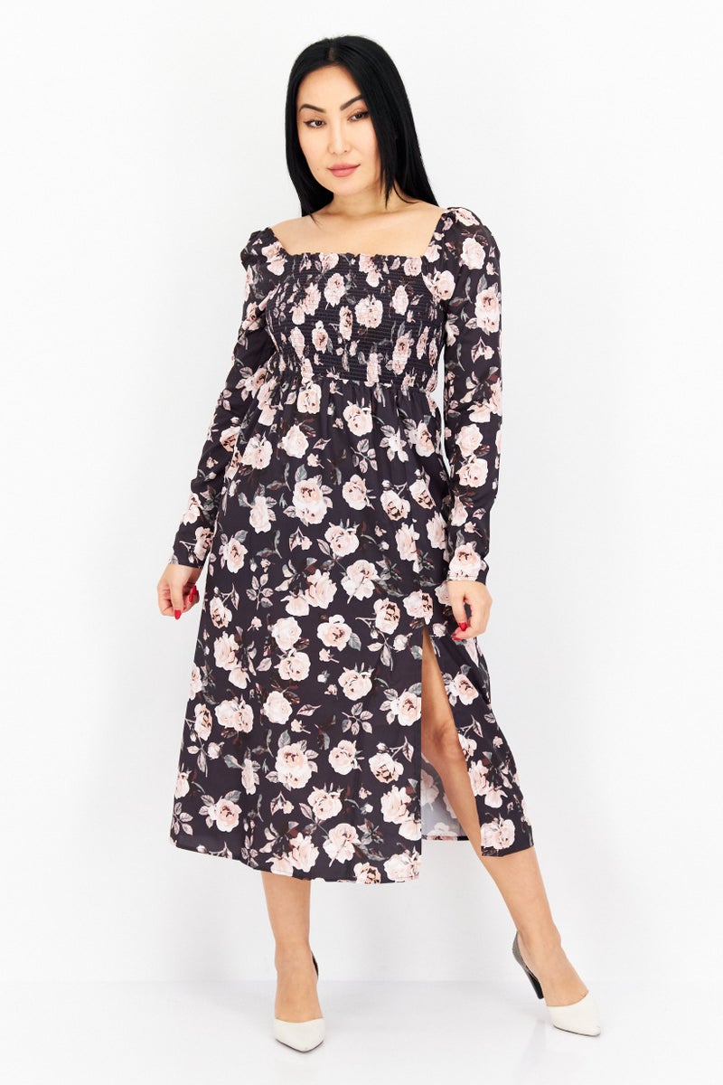 NA-KD Women Flower Pattern Long Sleeve Midi Dress, Navy Blue - Image 1