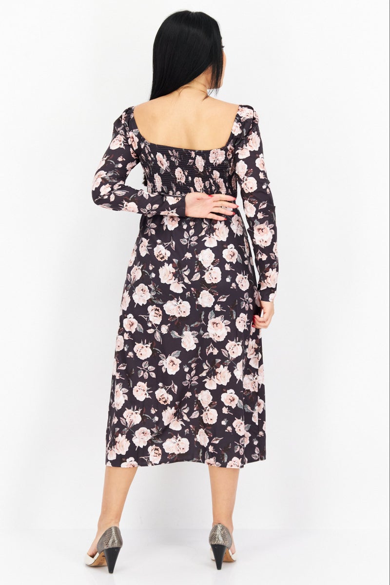 NA-KD Women Flower Pattern Long Sleeve Midi Dress, Navy Blue - Image 4