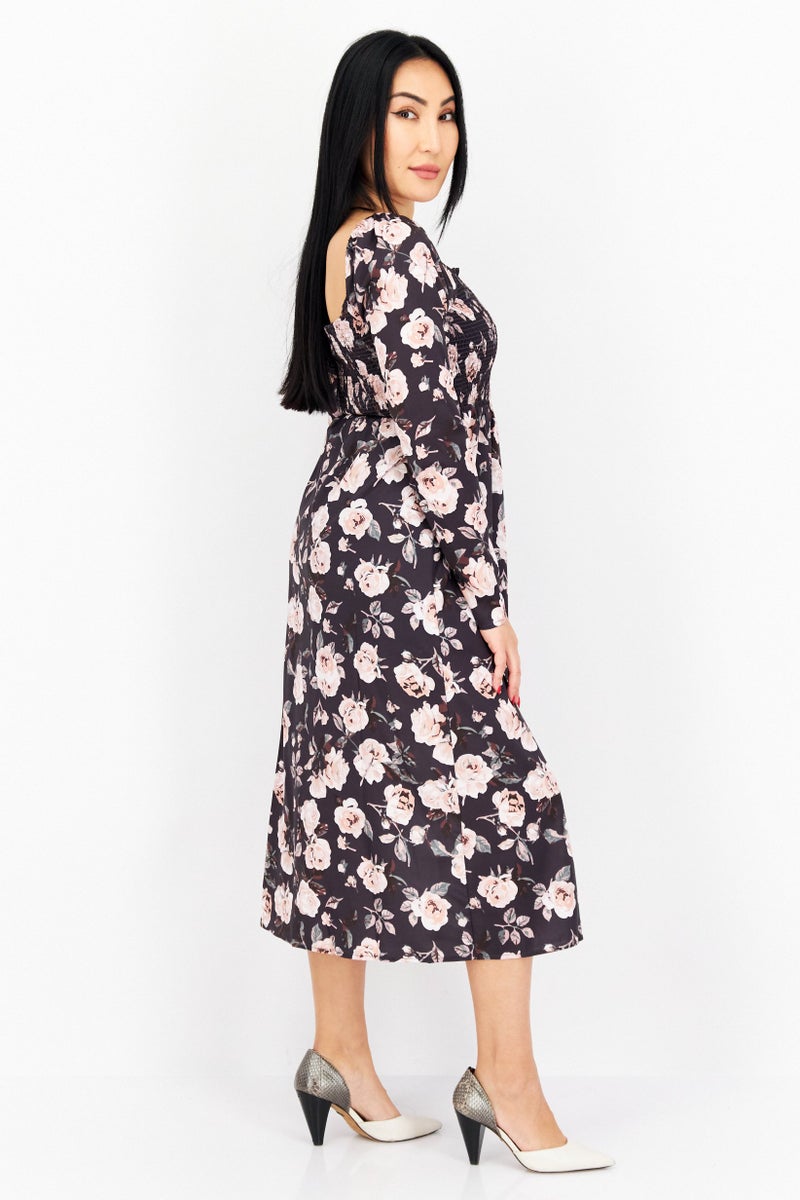 NA-KD Women Flower Pattern Long Sleeve Midi Dress, Navy Blue - Image 3
