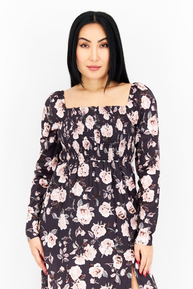 NA-KD Women Flower Pattern Long Sleeve Midi Dress, Navy Blue - Image 2