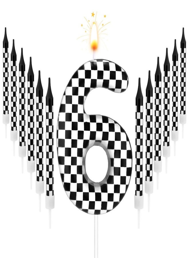 Gosknor 13pcs Racing Cars Birthday Candles, Black and White Checkered Candles Birthday Number Candle Cake Topper for Boys Kids Baby Shower Racing Car Theme Party Decoration Supplies (Number 6) - Image 1