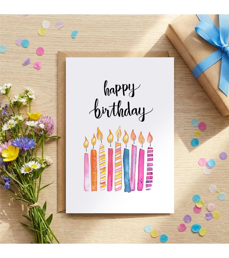 Pink Happy Birthday Watercolor Candles Greeting Card Hand Painted Style Perfect for Party Gift - Image 1