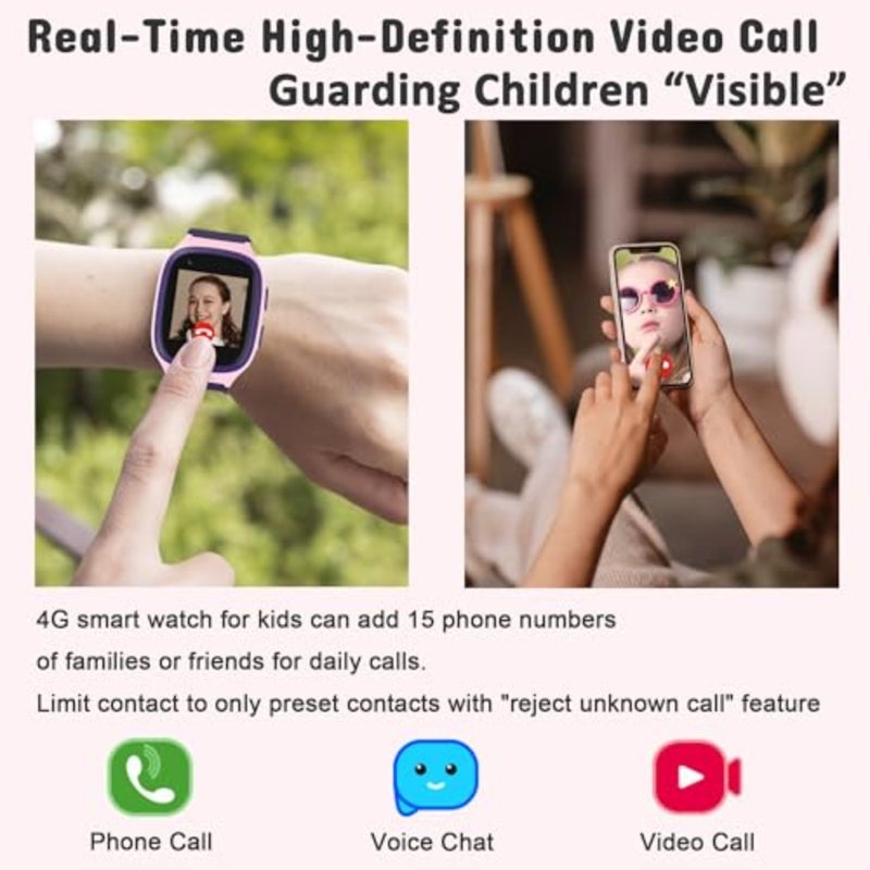4G Smart Watch Girls with GPS Tracker and Video Calling, One-key SOS Call, Voice Chat, Camera, Alarm Clock, Touch Screen Smart Watch Gifts for Girls Age 5-12 Pink - Image 3