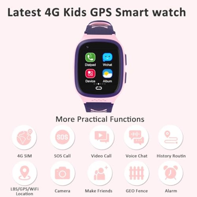 4G Smart Watch Girls with GPS Tracker and Video Calling, One-key SOS Call, Voice Chat, Camera, Alarm Clock, Touch Screen Smart Watch Gifts for Girls Age 5-12 Pink - Image 2