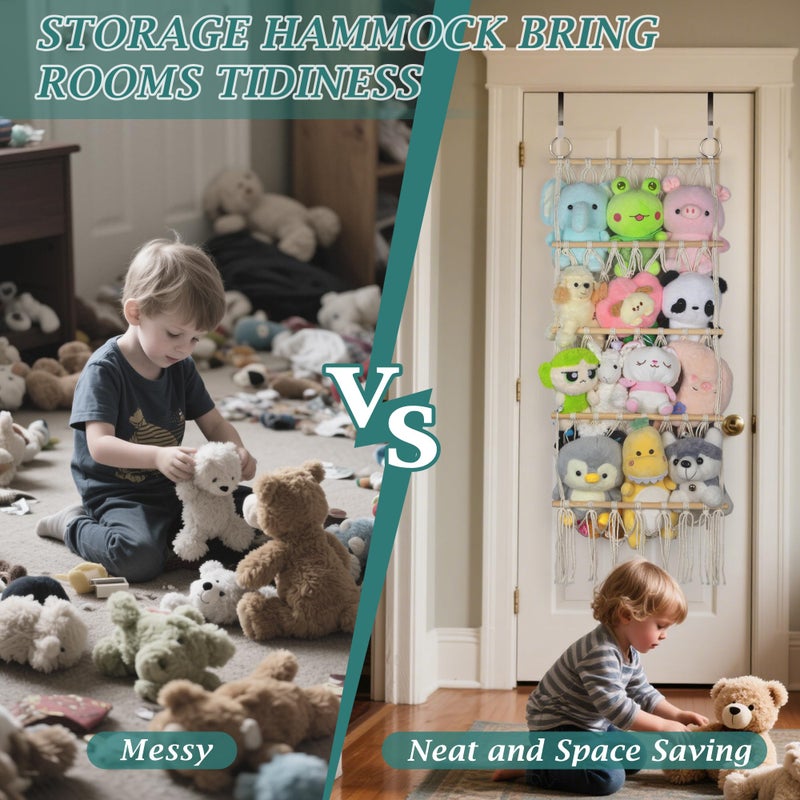 Qoroos 42cm Wide Over the Door Stuffed Animal Storage Hammock Corner Wall Hanging Storage Holder Boho Macrame Plush Toy Organizer Net for Stuffed Animal - Image 3