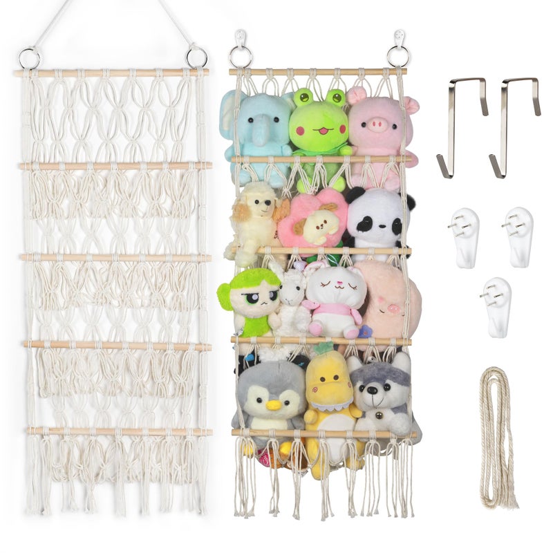 Qoroos 42cm Wide Over the Door Stuffed Animal Storage Hammock Corner Wall Hanging Storage Holder Boho Macrame Plush Toy Organizer Net for Stuffed Animal - Image 1
