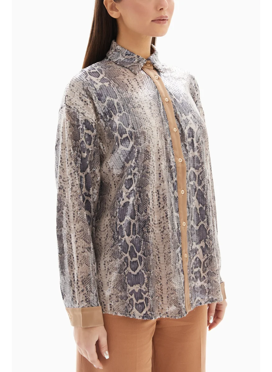وي كرييت Grey/Beige Snake Sequin Blouse By WECRE8