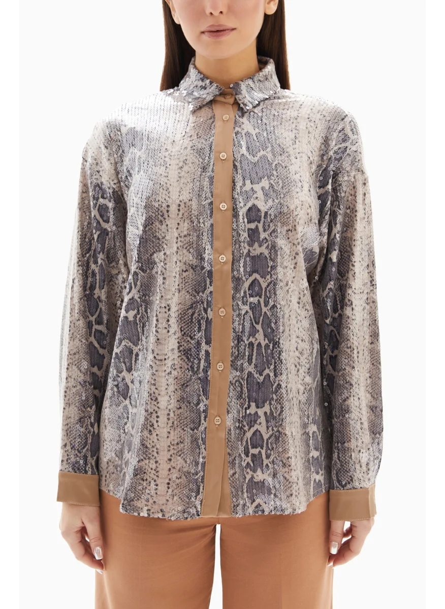 وي كرييت Grey/Beige Snake Sequin Blouse By WECRE8