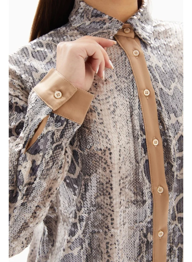 Wecre8 Grey/Beige Snake Sequin Blouse