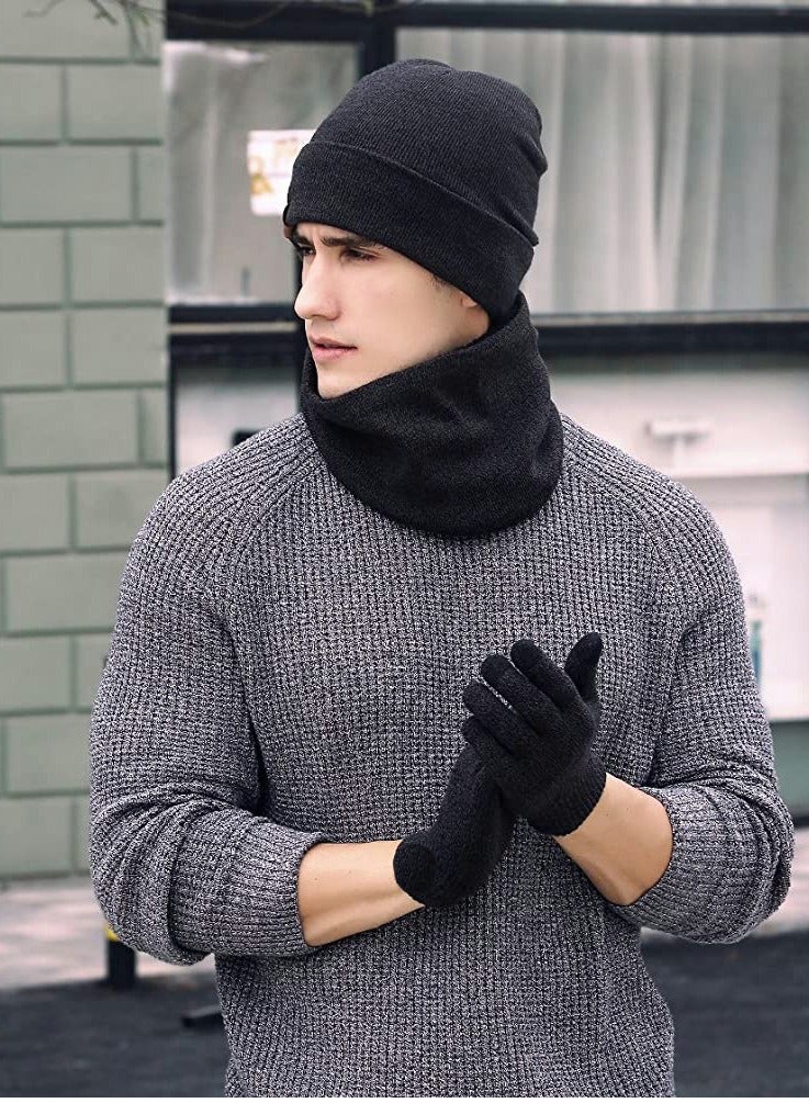 Beanie Hat Scarf Touchscreen Gloves Set（Black）  - Image 2