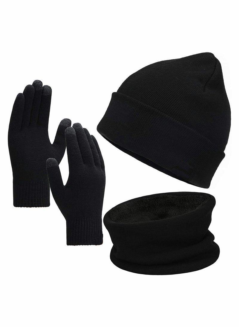 Beanie Hat Scarf Touchscreen Gloves Set（Black）  - Image 1