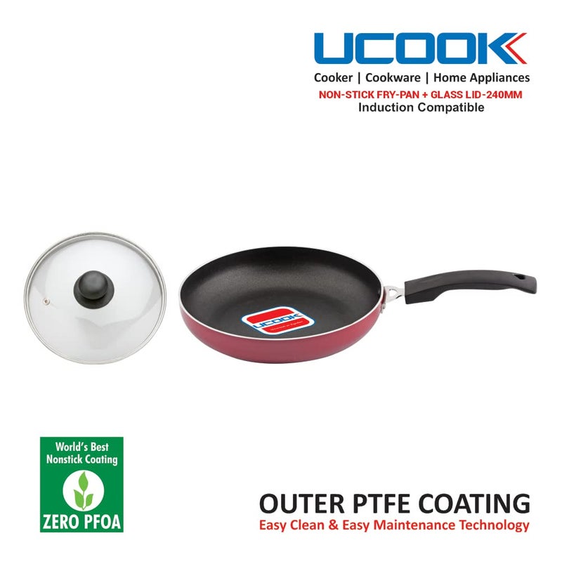 UCOOK Non-Stick Induction Base Frying Pan with Glass Lid, 240mm, Red - Image 2