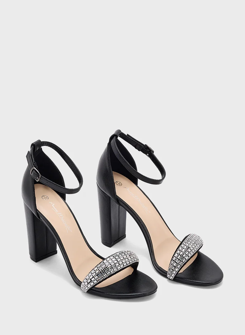Anne Michelle Block Heel Sandal With Embellished Strap