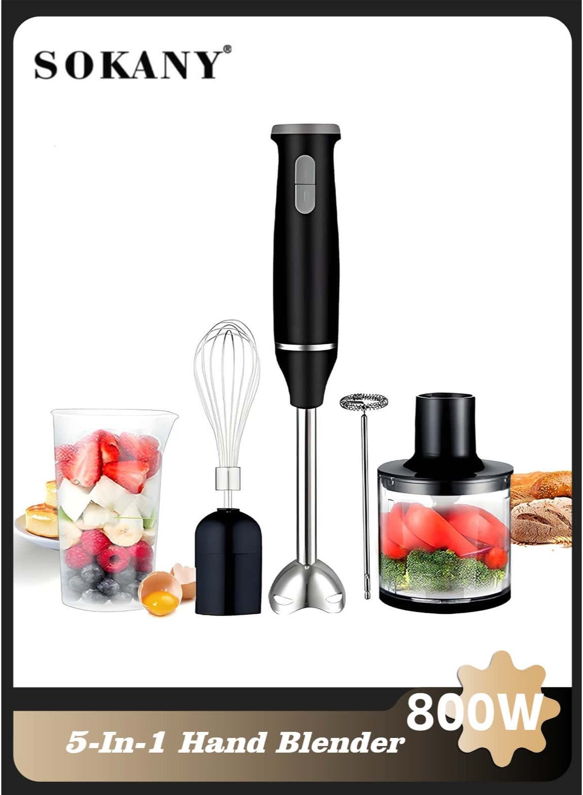 5-in-1 Hand Blender 800W, Electric Immersion Blender with Stainless Steel Blade, Chopper, Whisk, Milk Frother, 600ml Mixing Jar & 500ml Chopper Bowl – Black