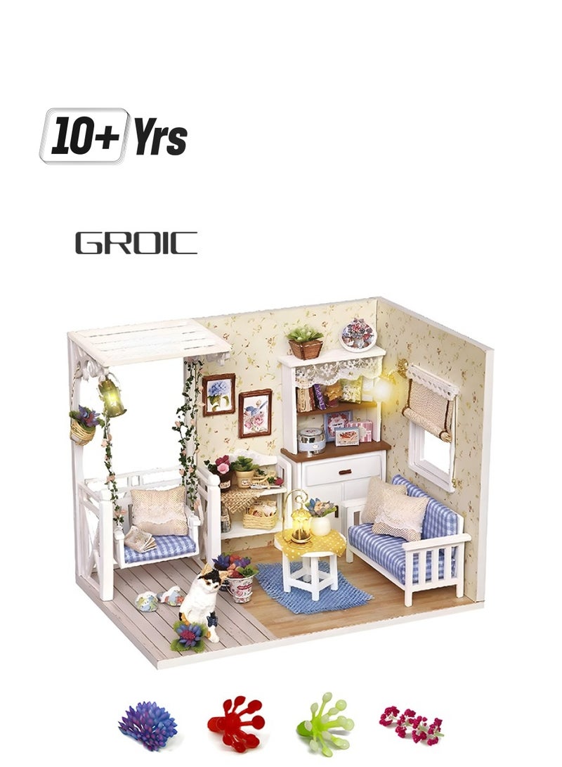 GROIC DIY Miniature Dollhouse Kit with Furniture, Creative Tiny Room kit Doll House LED Light Accessories Plus Dust Proof, Romantic Artwork Gift (Kitten Diary) - Image 1