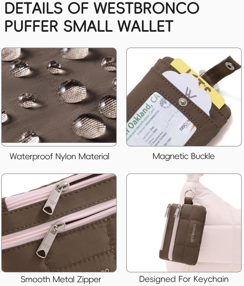 WESTBRONCO Small Puffer Lanyard Wallet with ID Window, Minimalist RFID Nylon Coin Pouch with 2 Zipper Pockets, Badge Wallet, Coffee - Image 4