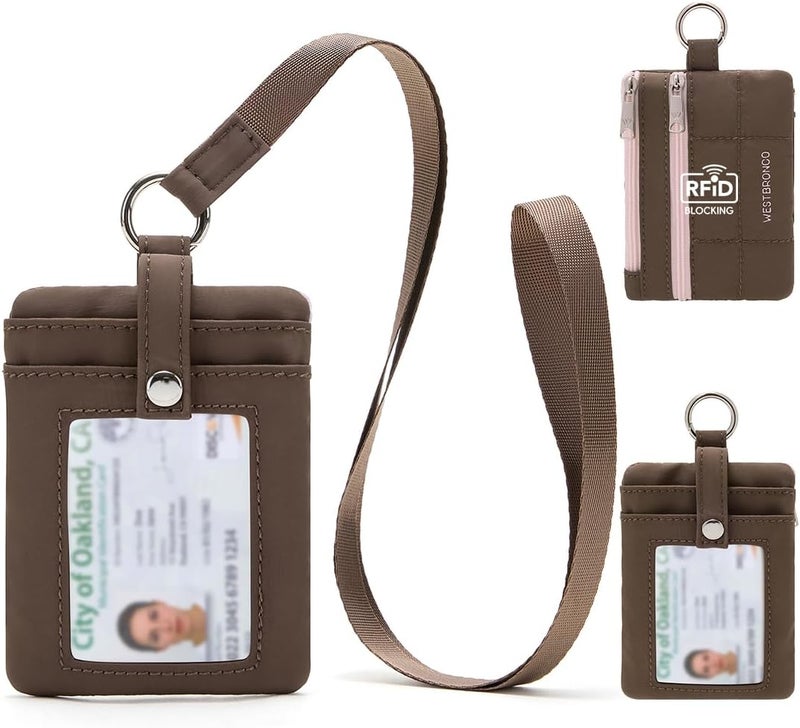 WESTBRONCO Small Puffer Lanyard Wallet with ID Window, Minimalist RFID Nylon Coin Pouch with 2 Zipper Pockets, Badge Wallet, Coffee - Image 1