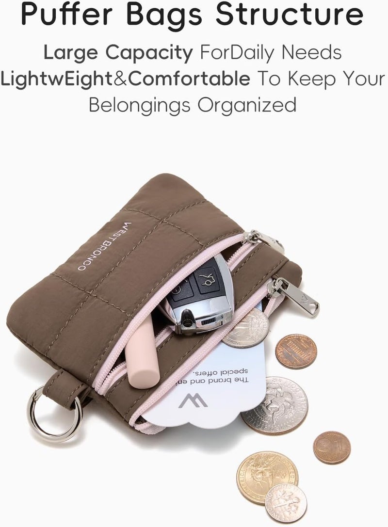 WESTBRONCO Small Puffer Lanyard Wallet with ID Window, Minimalist RFID Nylon Coin Pouch with 2 Zipper Pockets, Badge Wallet, Coffee - Image 5