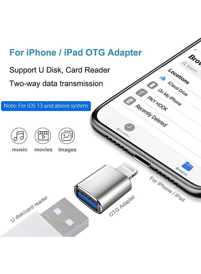Portable Apple Lightning Reader With USB Port, USB3.0 To Lightning Camera Reader Adapter, OTG Data Sync Converter,  Support Camera Card Reader U Disk (Silver, System Requirements IOS13 or Above)