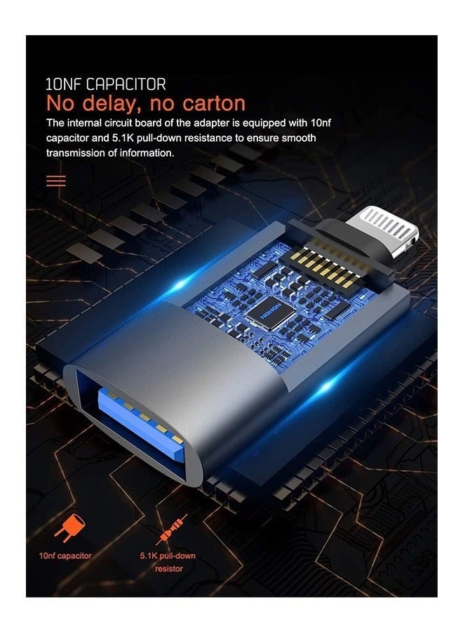 Portable Apple Lightning Reader With USB Port, USB3.0 To Lightning Camera Reader Adapter, OTG Data Sync Converter,  Support Camera Card Reader U Disk (Silver, System Requirements IOS13 or Above)