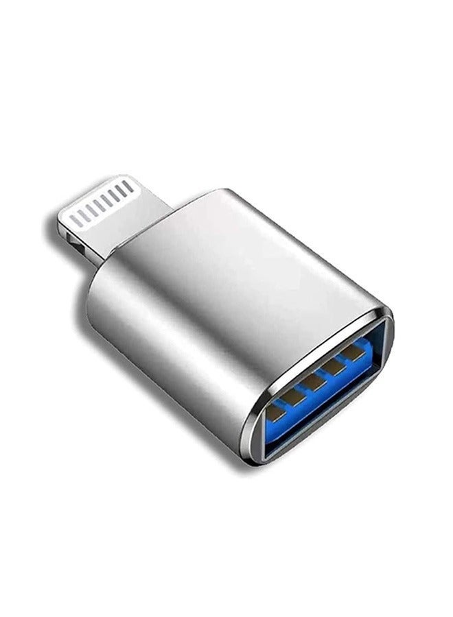 Portable Apple Lightning Reader With USB Port, USB3.0 To Lightning Camera Reader Adapter, OTG Data Sync Converter,  Support Camera Card Reader U Disk (Silver, System Requirements IOS13 or Above)