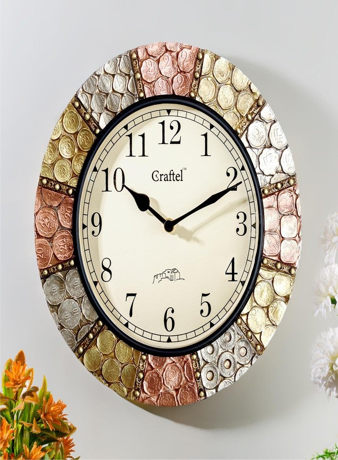 CRAFTEL Silent No Ticking Antique Wall Clock Hand Engraved Brass | Antique Coin Studded Brass Finish Diwar Ghadi | Dial - 8 Inches, Antique Gold | 365 Days Warranty - Image 1