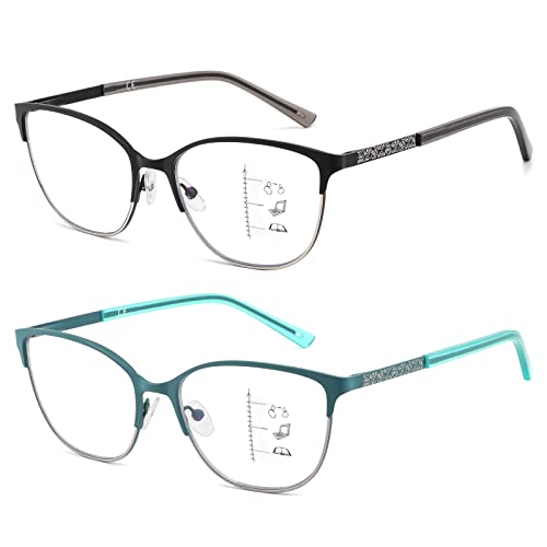 Kafirlo Progressive Multifocus Reading Glasses Women Cat Eye No Line Multifocal Transition Blue Blocker Computer Readers Metal Frame Fashion Ladies Cute Funky Trendy Cheaters Trifocal Eyeglasses 150 - Image 1