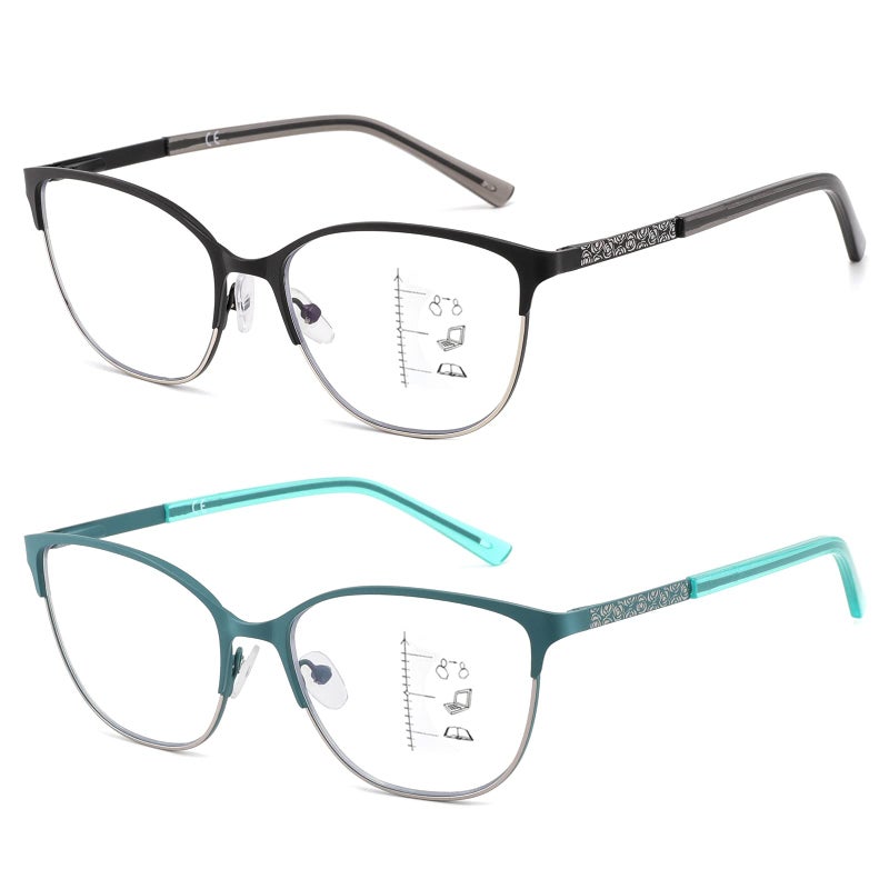 Kafirlo Progressive Multifocus Reading Glasses Women Cat Eye No Line Multifocal Transition Blue Blocker Computer Readers Metal Frame Fashion Ladies Cute Funky Trendy Cheaters Trifocal Eyeglasses 150 - Image 2
