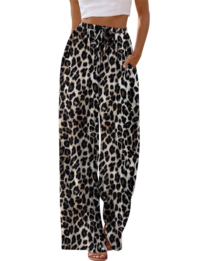 Sampeel Women's Leopard Print Wide Leg Pants Long Cute Summer Outfits Vacation Beach Clothes Palazzo Pants High Waist Trousers Date Outfits Business Casual Luxury Fashion Clothing M - Image 2