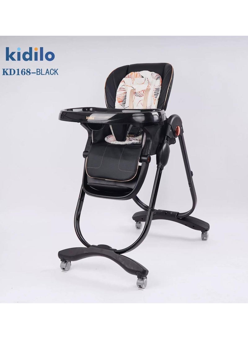 كيديليو كرسي مرتفع للأطفال الصغار والرضع، كرسي مرتفع للأطفال 8 في 1 مع مسند ظهر قابل للتعديل ووسادة مقعد قابلة للفصل وصينية مزدوجة قابلة للإزالة، مقعد معزز محمول للأطفال مع عجلات (أسود) - Image 1