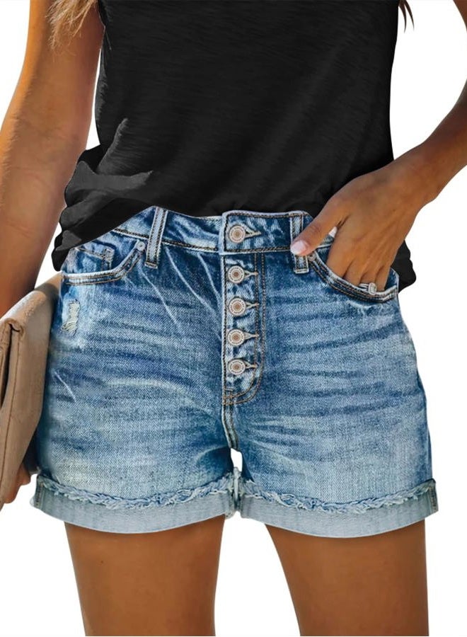 KISSMODA Denim Shorts Women Trendy Button Summer Cut Off Short Womens Jean Shorts High Waisted Denim Hot Ripped Shorts, C-light Blue, S - Image 1