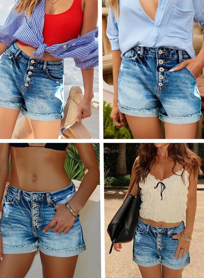KISSMODA Denim Shorts Women Trendy Button Summer Cut Off Short Womens Jean Shorts High Waisted Denim Hot Ripped Shorts, C-light Blue, S - Image 5