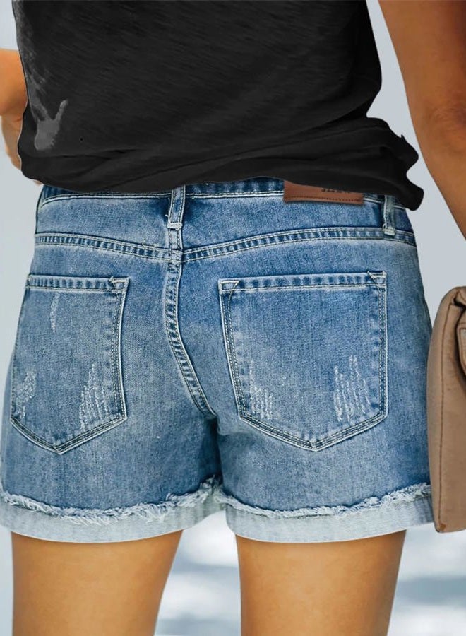 KISSMODA Denim Shorts Women Trendy Button Summer Cut Off Short Womens Jean Shorts High Waisted Denim Hot Ripped Shorts, C-light Blue, S - Image 4