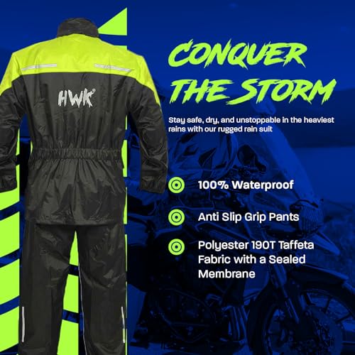 HWK Motorcycle Rain Suit for Men and Women, Two-Piece Waterproof Motorcycle Rain Gear with Reflective Rain Jacket and Rain Pants for Weatherproof All-Season Riding, Hi-Vis Green, 4X-Large - Image 2