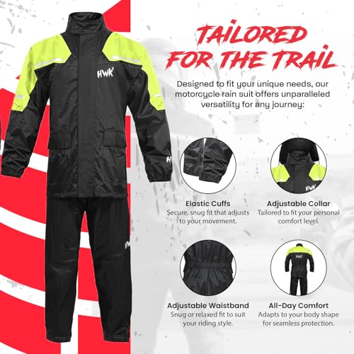 HWK Motorcycle Rain Suit for Men and Women, Two-Piece Waterproof Motorcycle Rain Gear with Reflective Rain Jacket and Rain Pants for Weatherproof All-Season Riding, Hi-Vis Green, 4X-Large - Image 4