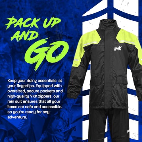 HWK Motorcycle Rain Suit for Men and Women, Two-Piece Waterproof Motorcycle Rain Gear with Reflective Rain Jacket and Rain Pants for Weatherproof All-Season Riding, Hi-Vis Green, 4X-Large - Image 5